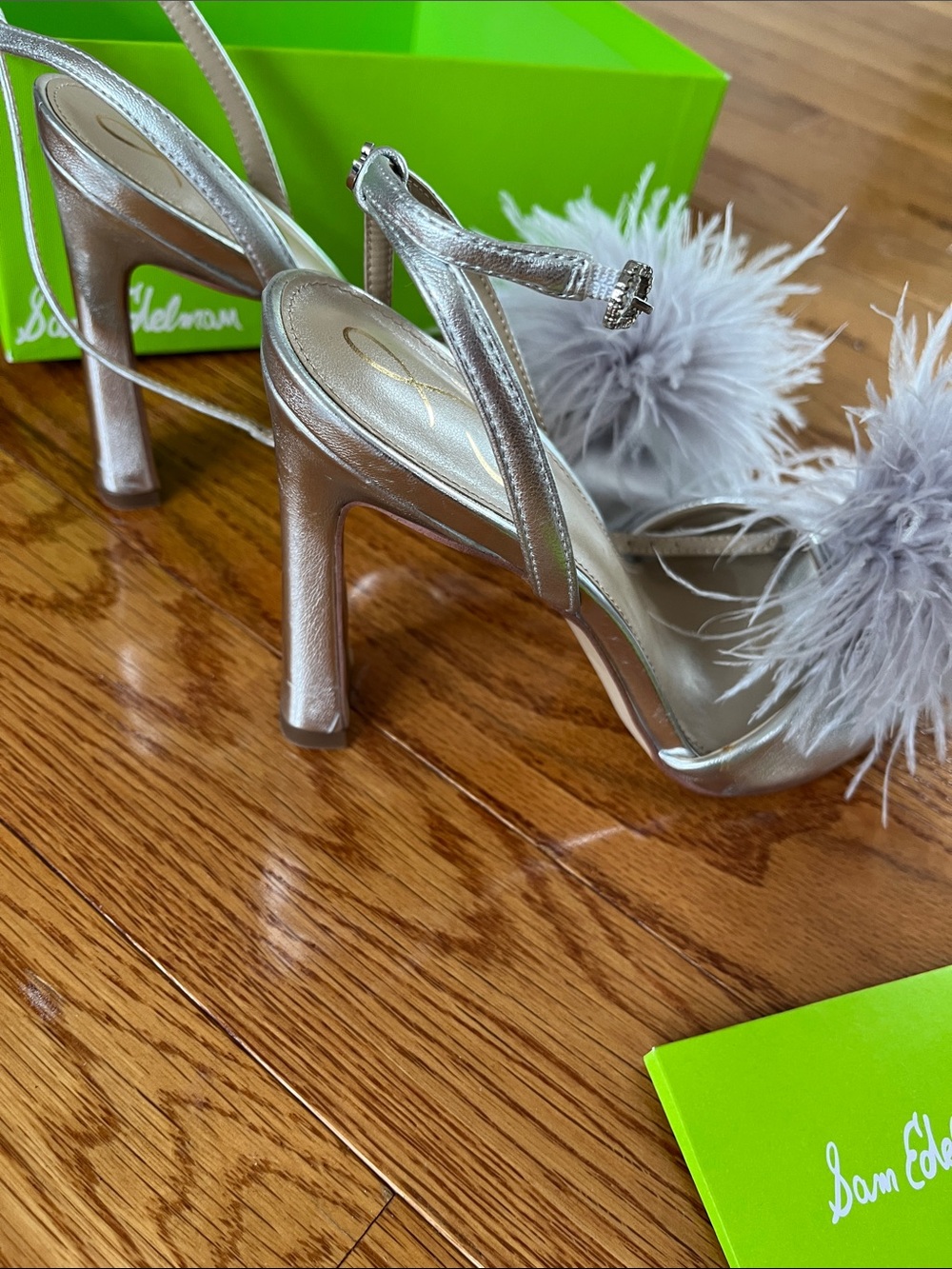 Sam Edelman Metallic Silver Feather Pom-Pom Slingback Heels - Picture 2 of 7